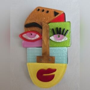 Eclectic Modern Art Woman's Face Acrylic Brooch 1.25"Wx2.5"H